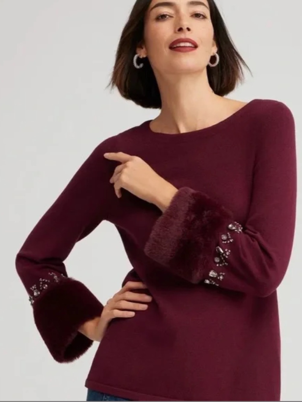 Chico’s Merlot Faux Fur Trim Embellished Sleeve Sweater New